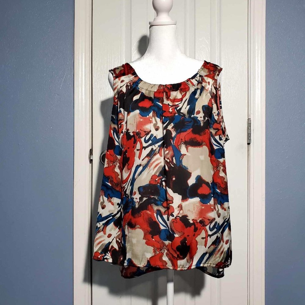 Women's XL Elementz Red Tan Navy Floral Sleeveless Blouse